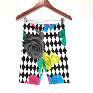 Black Scale Women SIZE S Floral Black White Check Print Mid Rise Biker Shorts